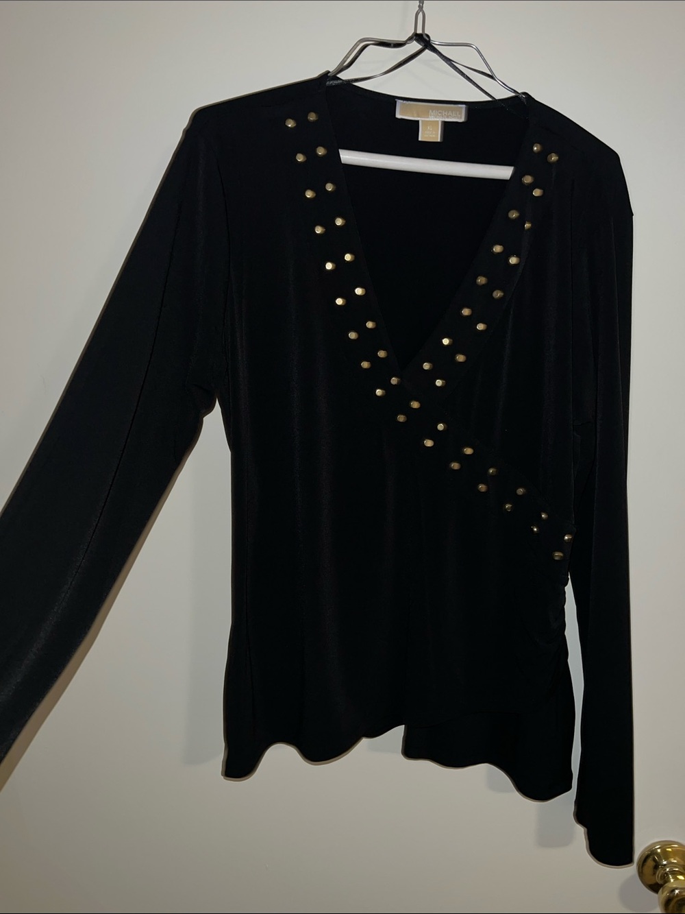 Michael Kors Astor Stud top. Cache Black Wrap-Style Top with Gold Studs New
